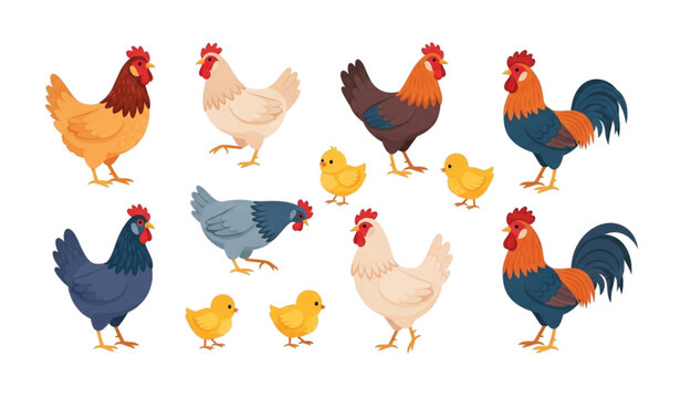 Chickens flat vector illustration set colorful hens chicks rooster poultry farm elements