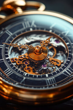 A detailed shot of a vintage-style gold pocket watch vertical frame
