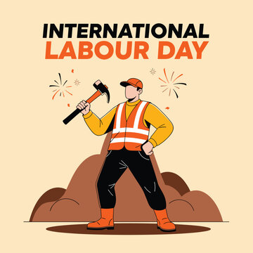 Confident construction worker wearing safety gear and holding tools celebrates international labour day in bold illustration