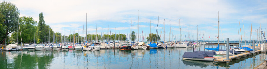 Fototapeta premium harbor with sailboats panorama. Bregenz, austria, lake Bodensee