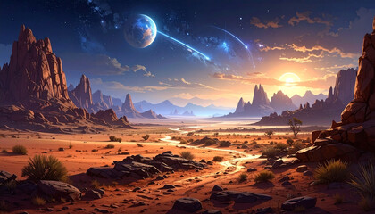 Desert planet landscape with meteor