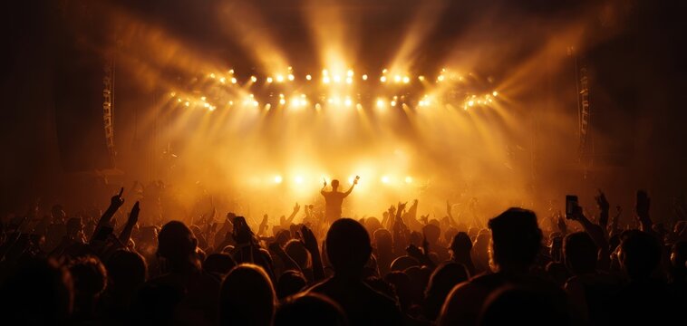 The Concert Performer Silhouetted in Golden Stage Lights Above a Cheering Crowd