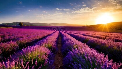 Obraz premium Lavender field at sunset with golden light and distant mountains.