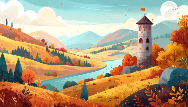 Animated fall landscape with a tower, river, and mountains under a bright sky. Colors of autumn prevail