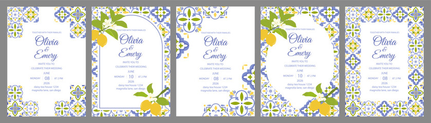 Mediterranean lemon wedding invitation template. Italian tile frame with citrus branches. Elegant blue azulejo border. Romantic summer wedding card. Amalfi Coast style vector design © Huma Fida