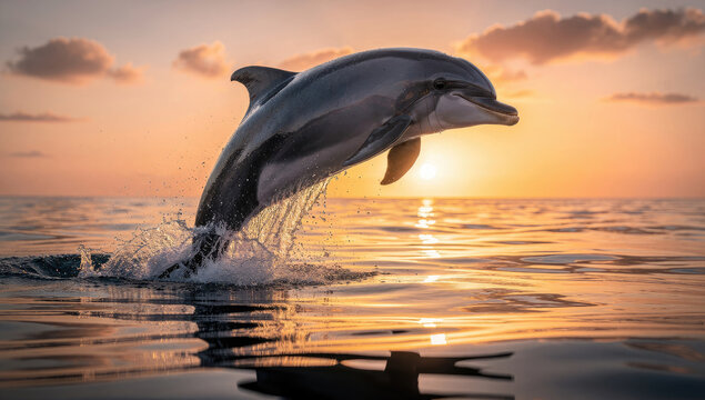 Photorealistic Image of a Dolphin Jumping Out of the Ocean at Sunrise with Sparkling Water Splashes
