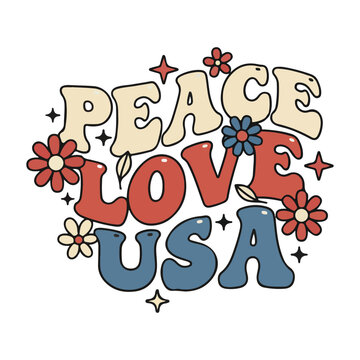 Peace love usa retro typography with flowers and stars typography patriotic illustration celebration independence american celebrate national statement