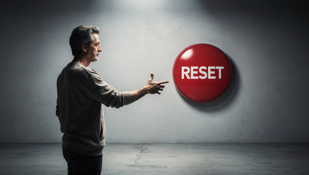 Photorealistic Surreal Image of a Man in Profile Indicating a Massive Depressed Red "RESET" Button on a Wall with Shattering Mechanics