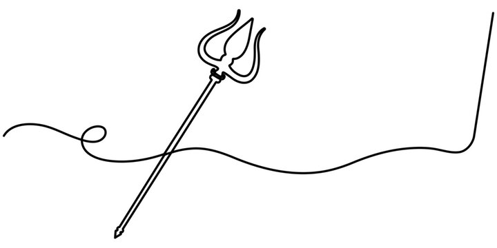 Trisul continuous one line drawing, Trishul Symbol of Lord Shiva on Black Background,  minimalist design in outline illustration. 