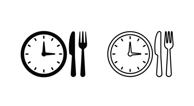 Lunch time clock and cutlery vector icon set - Modern style icon. Vector icon set. Glyph and solid icon set. Icon vector. Flat Design Icon. line icon set