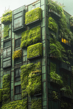 Tall building with vines and foliage growing up its sides, ideal for urban or natural environments vertical frame