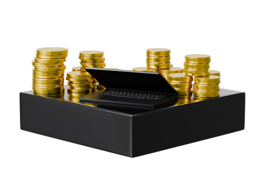 3d laptop coin stack icon. online investment concept. minimal cartoon computer gold podium finance for business web app. isolated on white transparent background. 3d render.