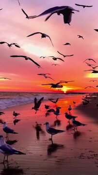 Brids flying on the beach at sunset 