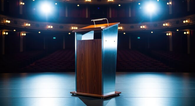 A polished lectern stands center stage in a grand auditorium under bright spotlights during a sophisticated and enlightening academic event, academic, elegant, depth