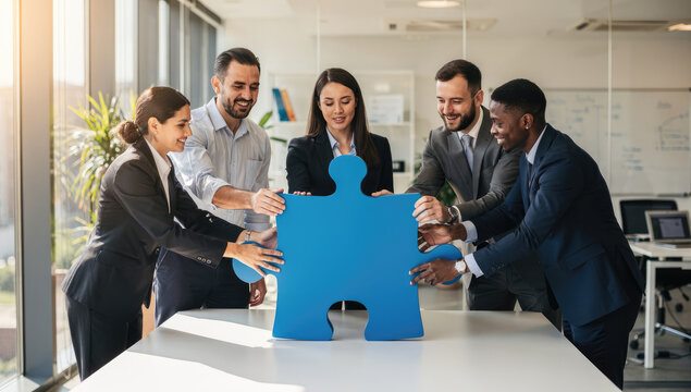 Photorealistic Image of a Diverse Business Team Assembling a Large Glowing Puzzle Piece Together in a Modern Office