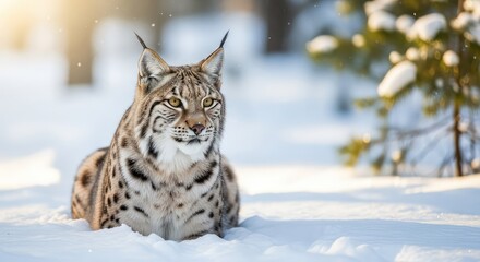 Fototapeta premium A wild lynx crouches in deep snow within a silent winter forest, its thick spotted fur and pointed ear tufts blending into the chilly habitat, bobcat, solitude, mountain