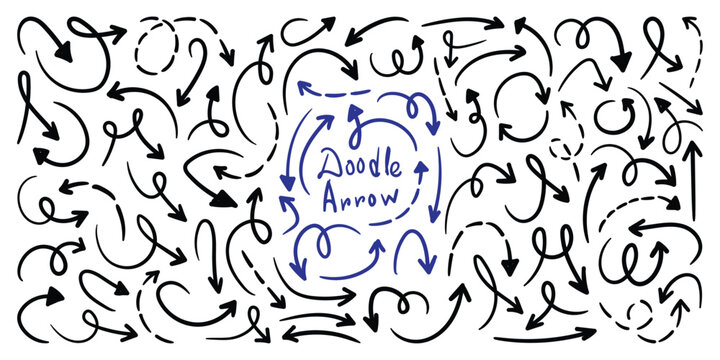 Simple Doodle Arrows Line Art Icons Vector Set. Set of simple lines hand drawn black arrows. Vector illustrator