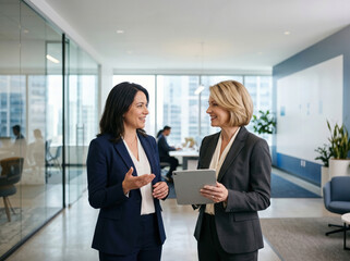 Obraz premium Businesswomen collaborating in a modern office lobby
