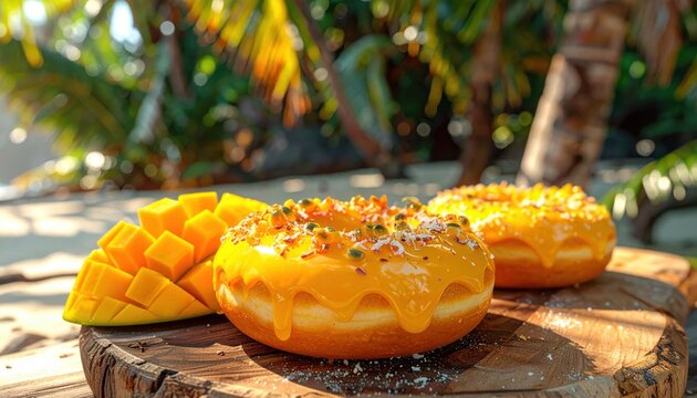 A vibrant tropical mango passionfruit donut with bright orange glaze and colorful sprinkles rests near a sliced mango, bathed in sunlight.