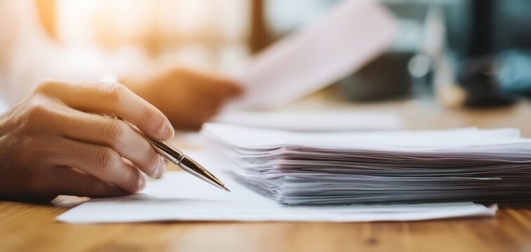 The Documents on a Wooden Desk with Hand Holding Pen and Sunlight