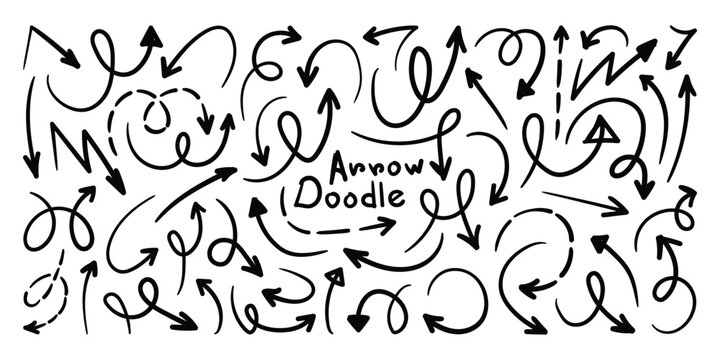 Collection of hand drawn doddle arrow set. Black arrow doodles hand drawn scribble vector set. 