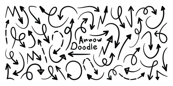 Doodle Arrow Collection. Hand drawn black arrow navigation mark icons set. Set of brush stroke of curly arrow collection. 