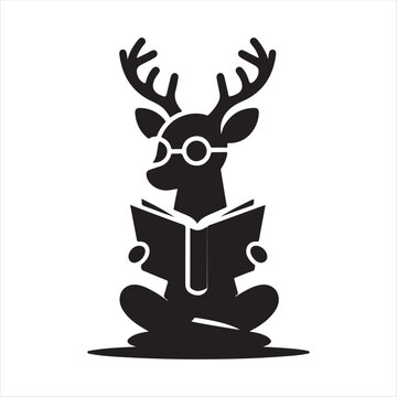  deer reading books vector silhouette line art logo design concept illustration idea