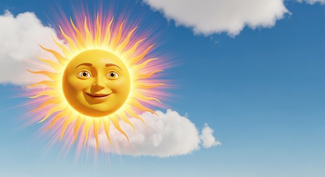 Sol radiante de colores vibrantes con una cara sonriente y amigable, flotando entre nubes blancas y esponjosas en un cielo azul despejado, nubes, colorido, vibrante