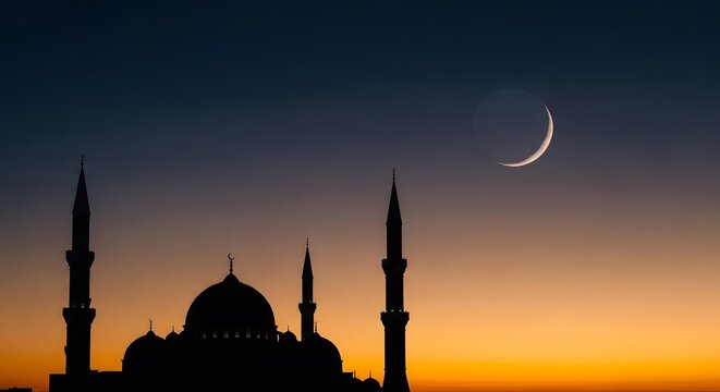 Happy muharram crescent moon over mosque silhouette islamic new year greetings