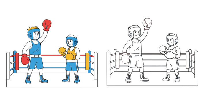Kids boxing match in a ring vector illustration. Cute boy champion raising hand. Colored version and black and white outline coloring book page.