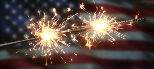 Fototapeta premium The Sparklers Celebrating Fourth of July With American Flag in Soft Bokeh Background