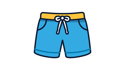 Blue casual shorts vector icon with yellow waistband and white drawstring. Modern flat illustration for summer fashion, beachwear, and apparel. Scalable graphic with editable stroke line weight. © Fimamoon