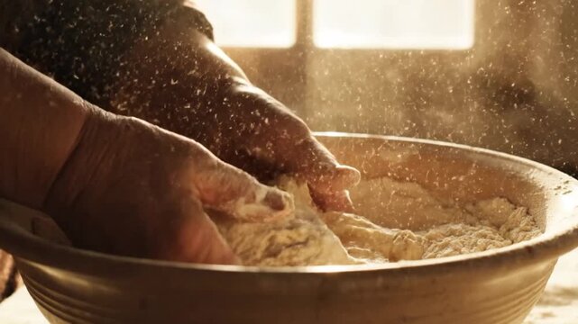 Hands kneading dough in a bowl, a close-up of preparation for baking bread, a baker's hands creating traditional homemade food