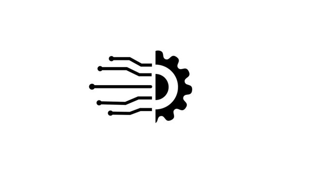 Gear and circuit icon on white background.
