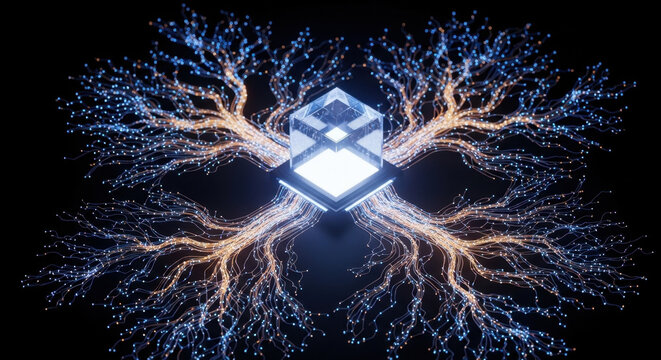 Multi-Agent AI System Abstract Visualization with Luminous Neural Pathways Branching from Crystalline Core Processor in Electric Blue and Amber Light Streams