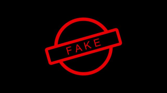 Red color round seal sticker in word fake on white background