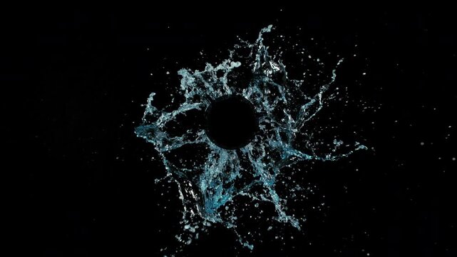 Super Slow Motion of Splashing Water on Black Bottle Shape. Filmed on High Speed Cinema Camera, 1000 fps.