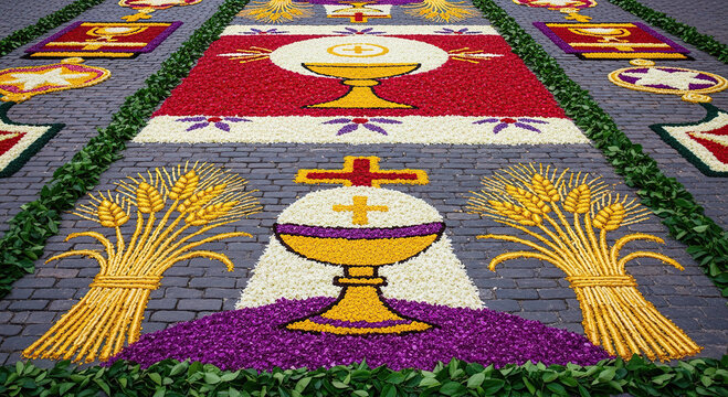 Vibrant flower carpet with religious symbols on brick road