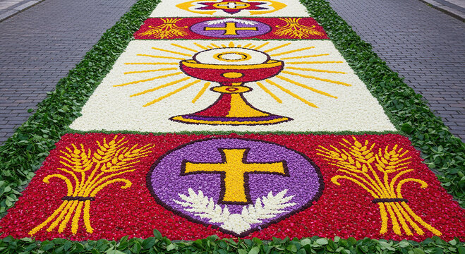 Vibrant floral carpet with cross and wheat on street
