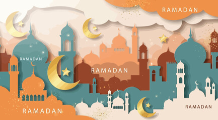 Ramadan kareem greeting card with paper cut style mosque and crescent moon © S.Siam