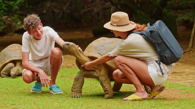 A mother and son pet the head of a rare, giant turtle on the tropical island of Mauritius