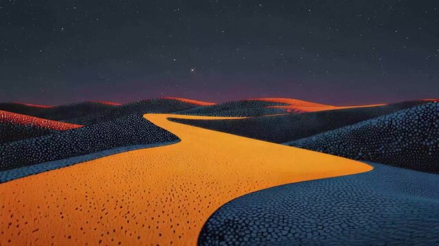 Surreal desert landscape with a glowing golden path winding through dark, textured dunes under a starry night sky