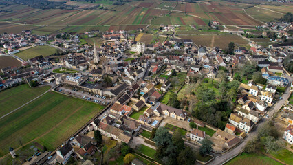 Obraz premium Aerial view of the village Meursault in France on a cloudy afternoon in late winter.