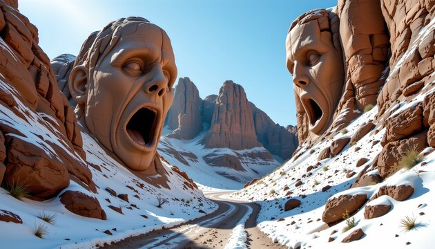 The image depicts a surreal landscape with two enormous, carved stone faces embedded in the rocky cliffs on either side of a winding dirt road