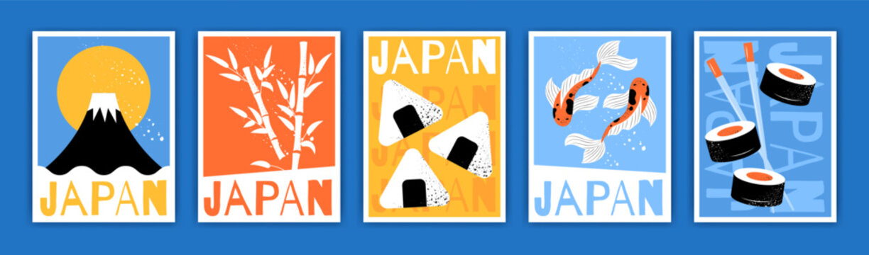 Japan card. Print Asian traditional, sushi, cartoon fish. Japanese culture pattern. Retro mountain, bamboo sticker. Vintage travel poster. Cuisine symbols and tourism sign. Vector decor garish banner