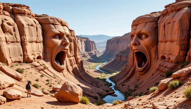 The image features a dramatic canyon landscape with towering rock formations on either side, resembling colossal faces with open mouths, as if shouting or roaring