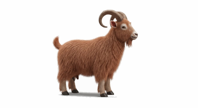 Brown goat with horns standing on a white background, captured in a studio