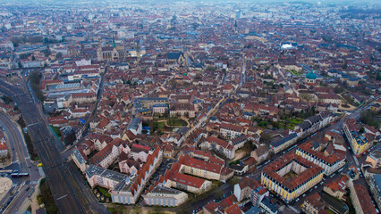 Obraz premium Aerial view of the old town of the city Dijon on a cloudy autumn morning in France
