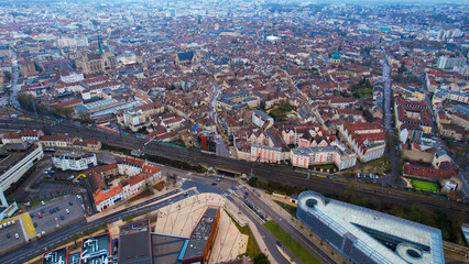Fototapeta premium Aerial view of the old town of the city Dijon on a cloudy autumn morning in France