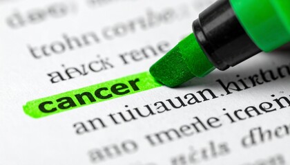 Obraz premium Word Cancer Highlighted with Green Marker in Dictionary or Text